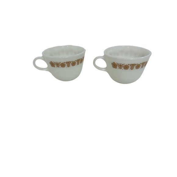 Set of 2- Pyrex Vintage Teacups Coffee Cups Milk Glass Gold Butterfly Corning NY - Picture 6 of 13